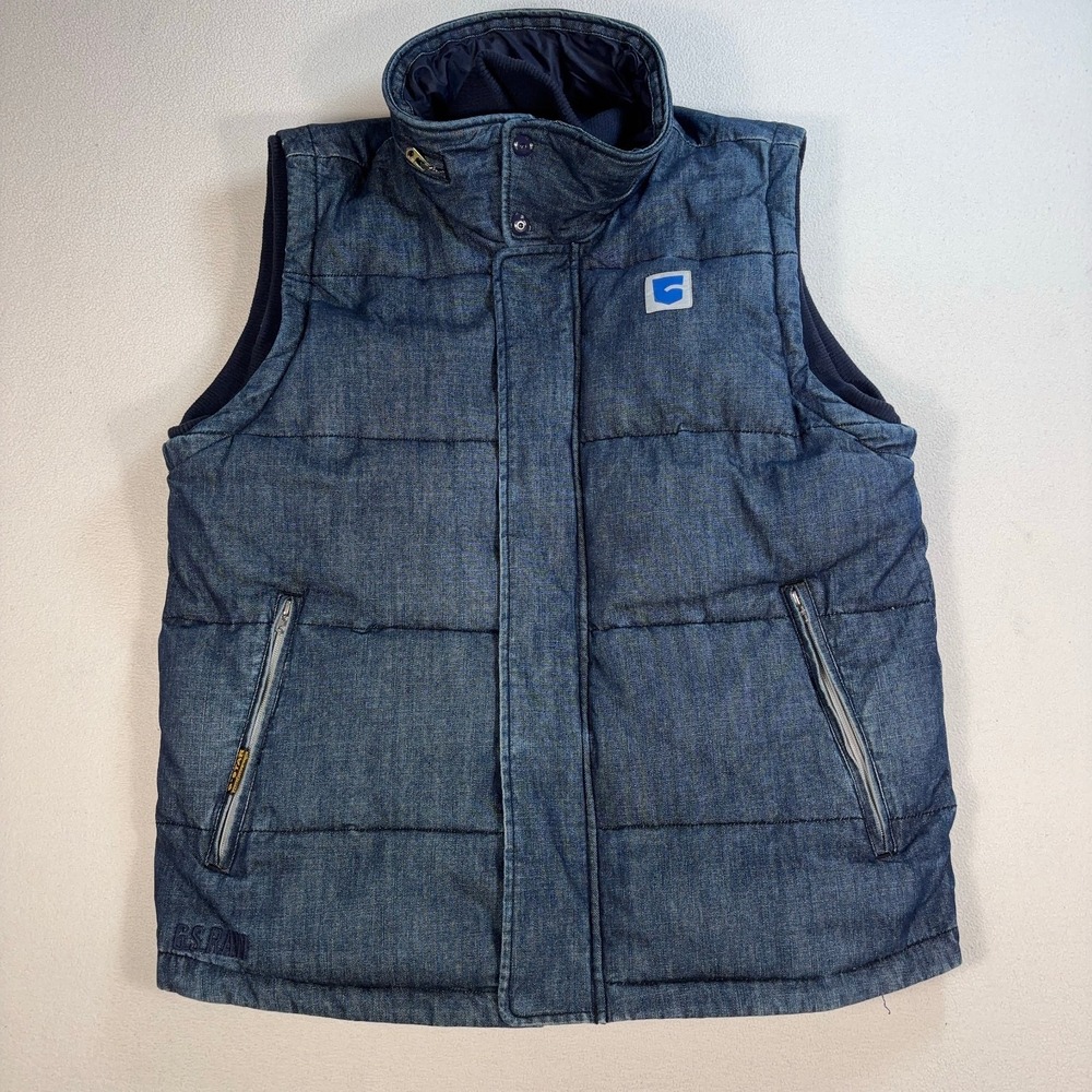 G-Star Raw S.O. Park Denim Puffer Vest Men's L Blue Full Zip Snap Pockets *Flaw*